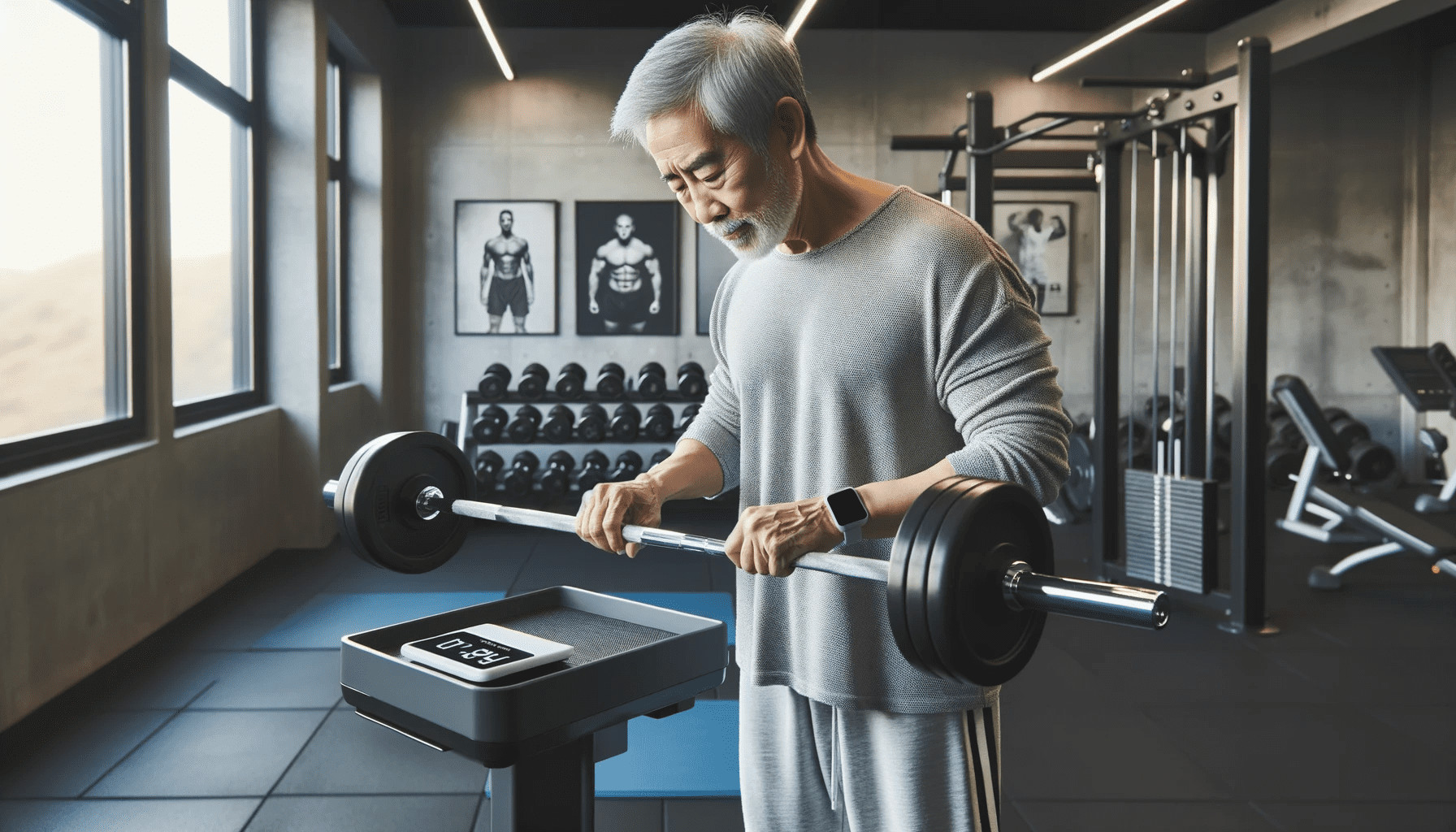 A photo depicting a well-lit fitness room where an older East Asian man with short grey hair is carefully weighing a black barbell on a high-tech digital weight scale. He is wearing a loose-fitting long-sleeve shirt and comfortable track pants, highlighting his active lifestyle despite his age. The gym is equipped with various weight training machines, and the walls are adorned with inspirational fitness posters.