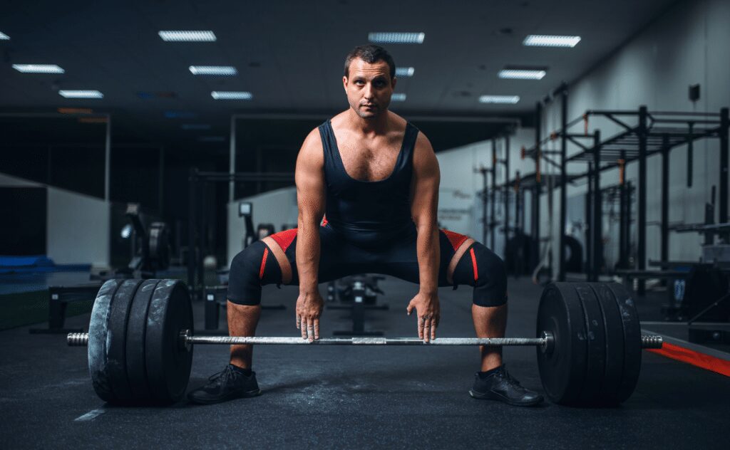 man in singlet about to sumo deadlift 405 lbs