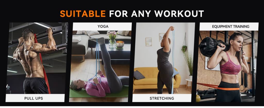 man doing pullups with bands, women doing yoga, stretching and sandbag training