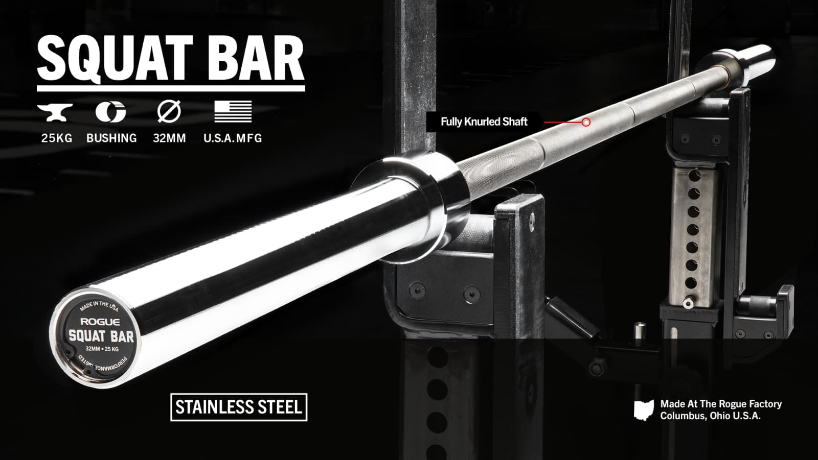 rogue squat bar showing off 32mm fully knurled shaft