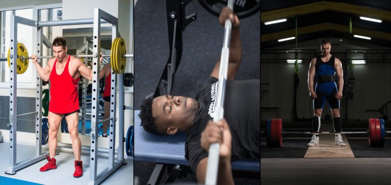 three men perfoming the squat bench press and deadlift for powerlifting