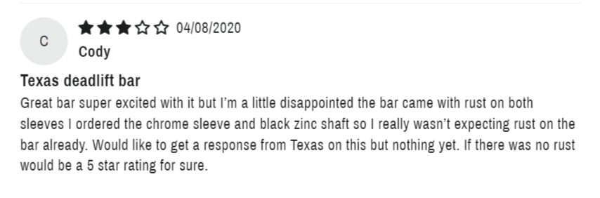 screenshot of negative review describing rust buildup