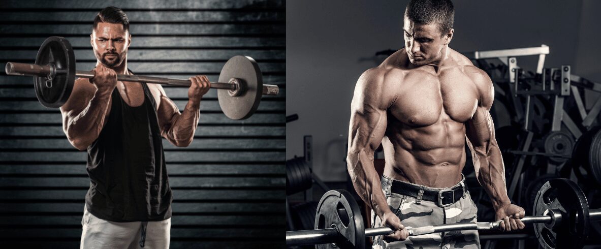 one man curling a straight bar and another man in the starting position with an ez curl bar
