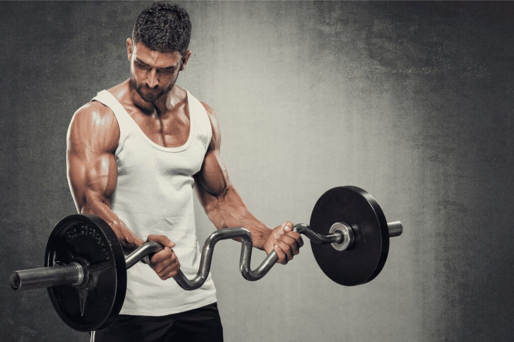 man in white tanktop doing super ez curls