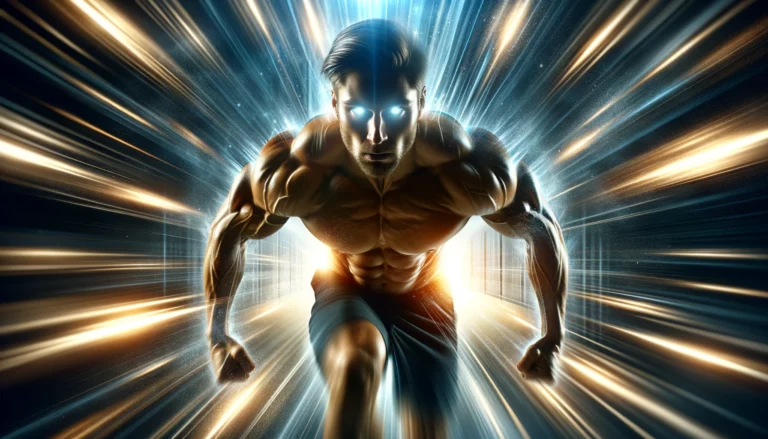 Here's the image capturing the essence of a man getting stronger rapidly, in a wide 16:9 aspect ratio. The scene dynamically illustrates the transformation and growth of strength.