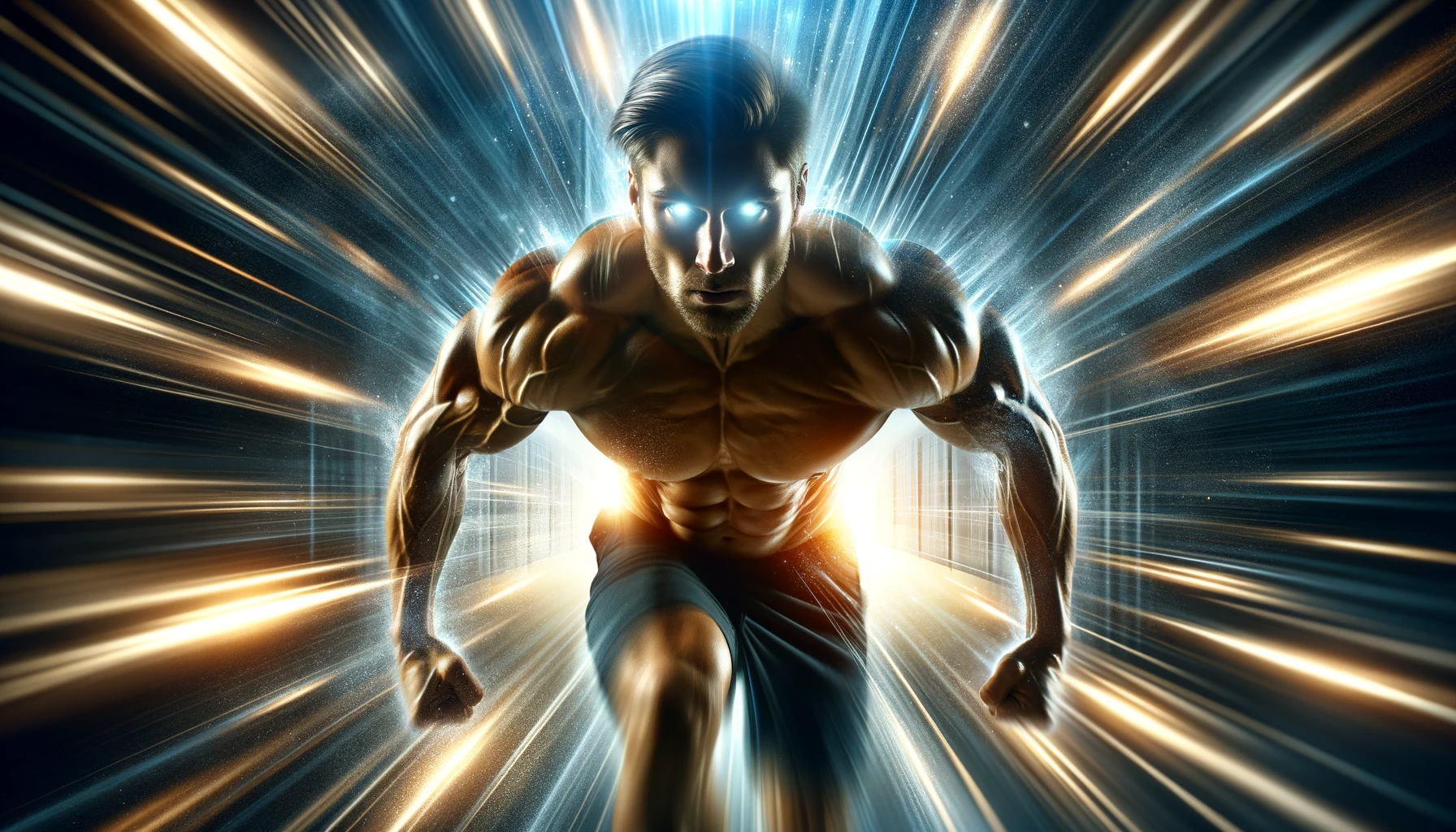 Here's the image capturing the essence of a man getting stronger rapidly, in a wide 16:9 aspect ratio. The scene dynamically illustrates the transformation and growth of strength.