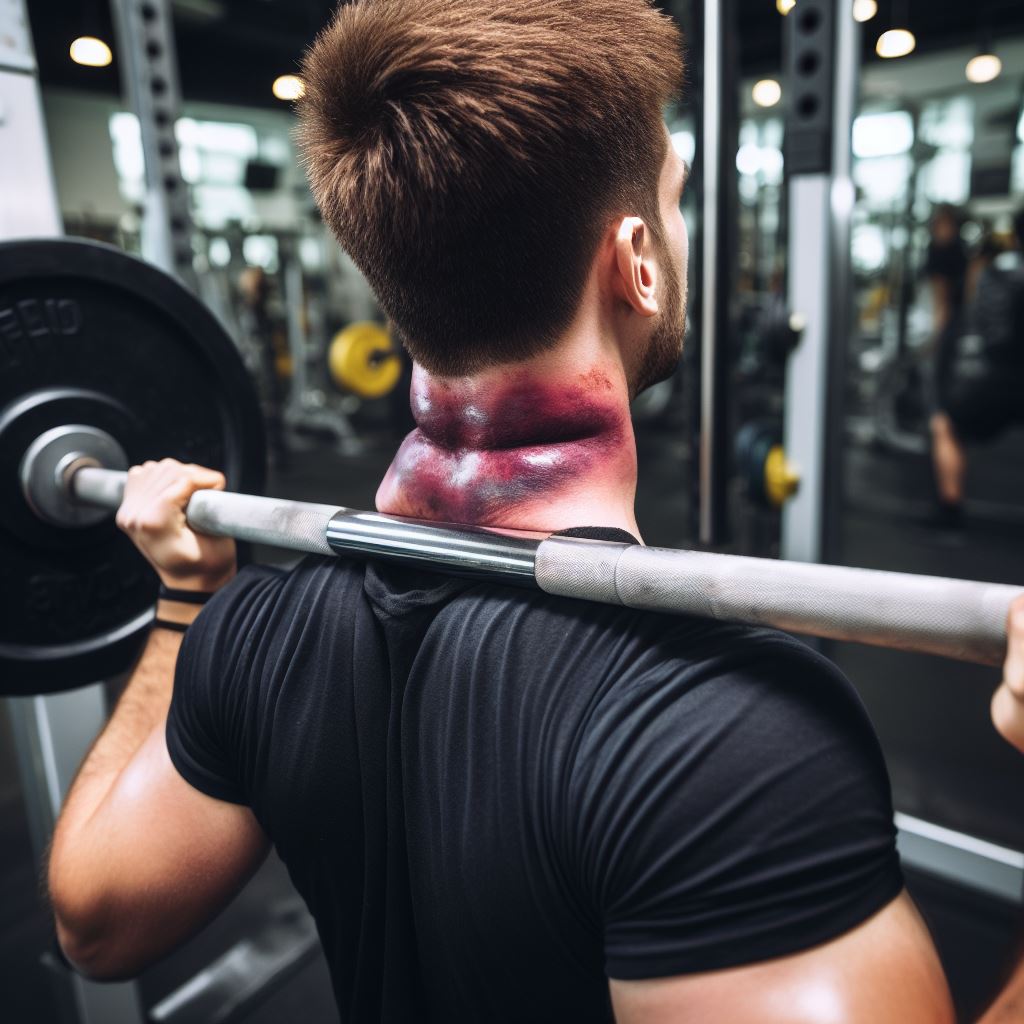 mans neck being bruised up by squat bar