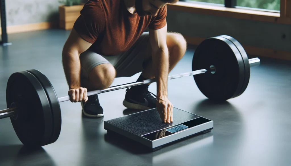 Photo of a man in workout clothes, carefully placing a deadlift bar on a floor scale in a gym environment. The digital readout of the scale is visible.