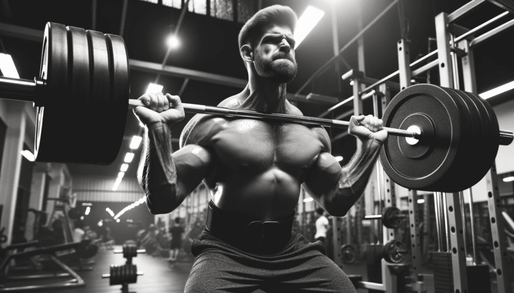 Photo showing a muscular man intensely lifting a heavy barbell, emphasizing the display of his raw strength and power. The setting is a well-equipped gym, with the focus on the lifter's form and determination.