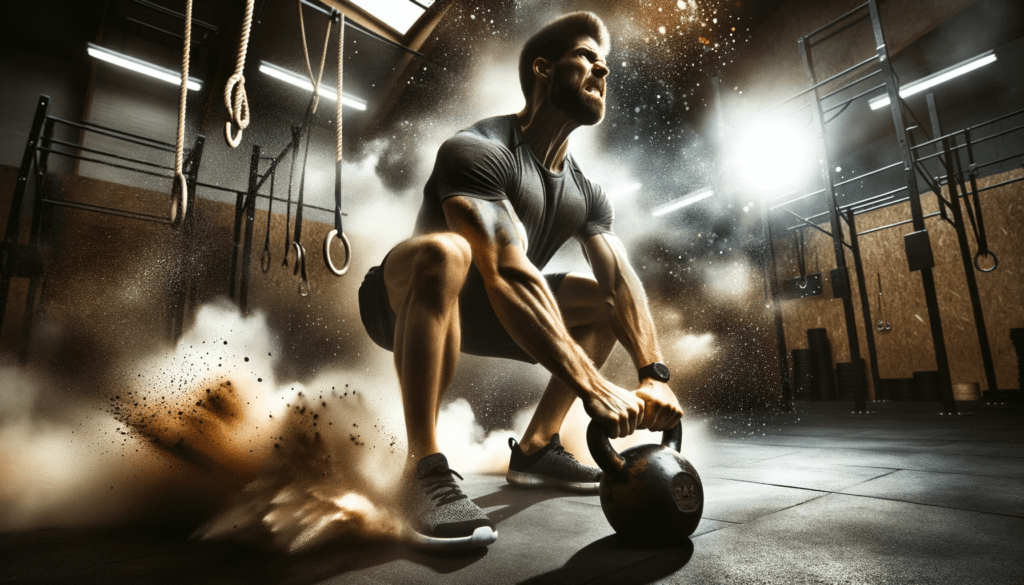 Photo of a man in the midst of a kettlebell snatch, capturing the explosive strength and coordination needed for the exercise.