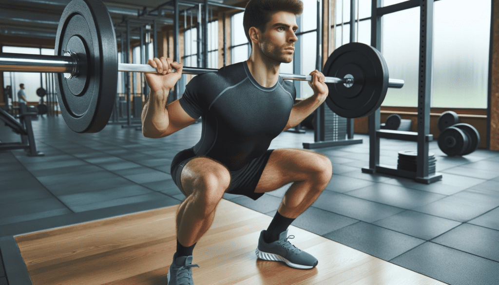 A photo of a Caucasian man in athletic wear demonstrating a proper barbell squat in a gym setting. He has the barbell placed securely on his upper back, with his knees bent and hips pushed back. His posture is upright, and his gaze is forward, emphasizing proper squat form.
