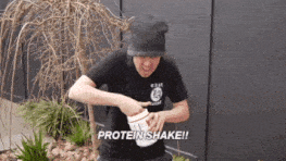 dude going crazy eating protein powder and dumping milk on his head